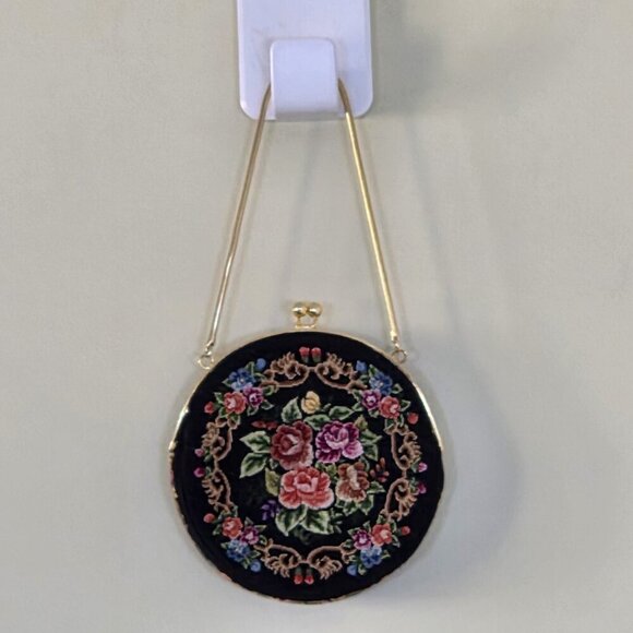 Vintage Floral Petit Point Purse Round Needlepoint Tapestry Evening Bag Clutch - Picture 16 of 16